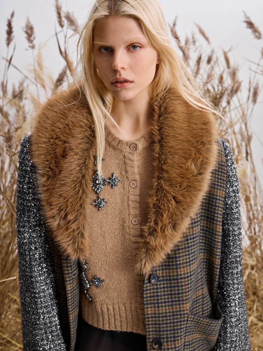 Munthe - Voida Collar over Vocca cardigan and a wool check coat