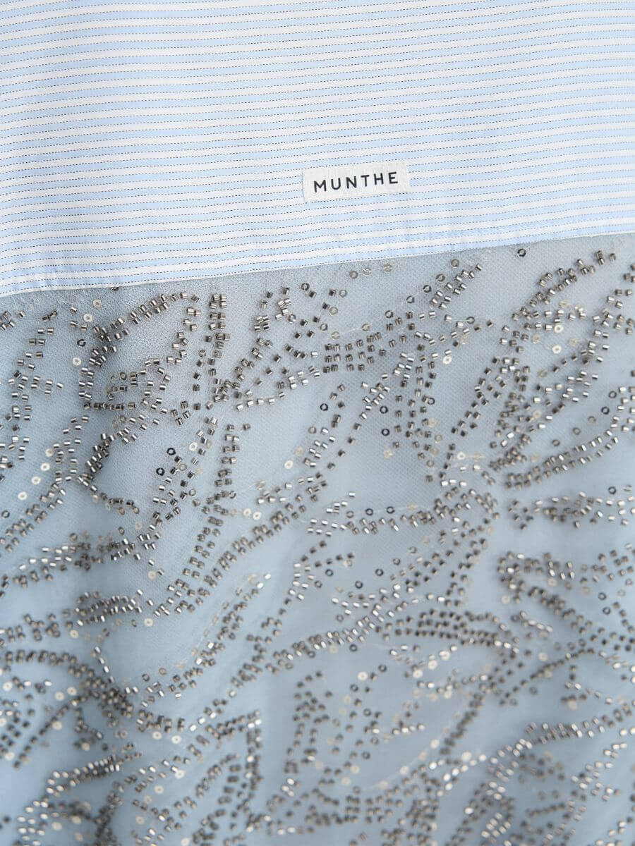 Munthe - Vontario Shirt - Stripe Blue close up back Munthe label and beading detail