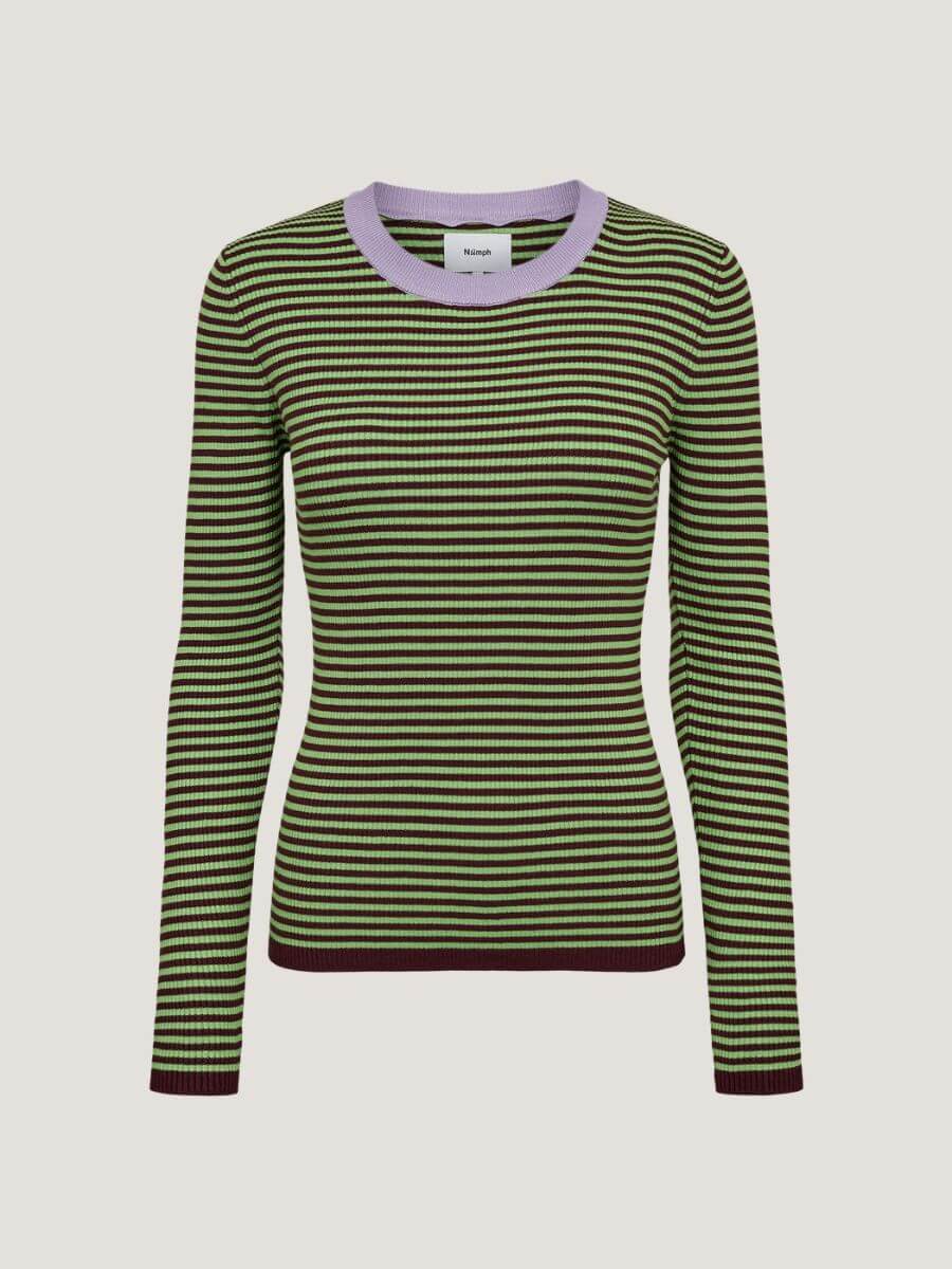 Numph - Filina Pullover - Fig. Green/maroon stripe, maroon hem and cuff, lilac neckline