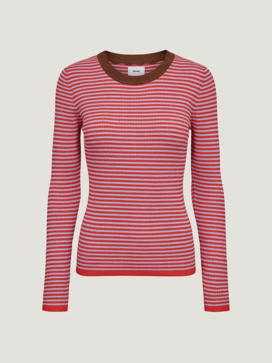 Numph - Filina Pullover - Purple Rose with pink and red stripes, red hem and cuff and brown contrast neckline