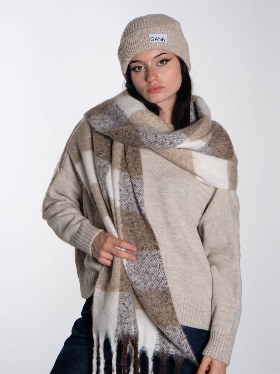  OBJMitta Check Scarf - Desert Taupe Ganni  Light Structured Rib Knit Beanie - Brazilian Sand