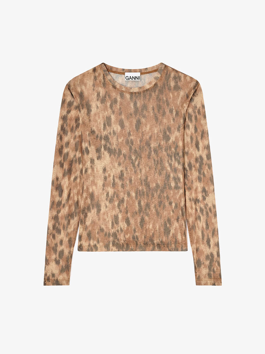 Ganni
Printed Marl Mesh Long-sleeve Top - Burro