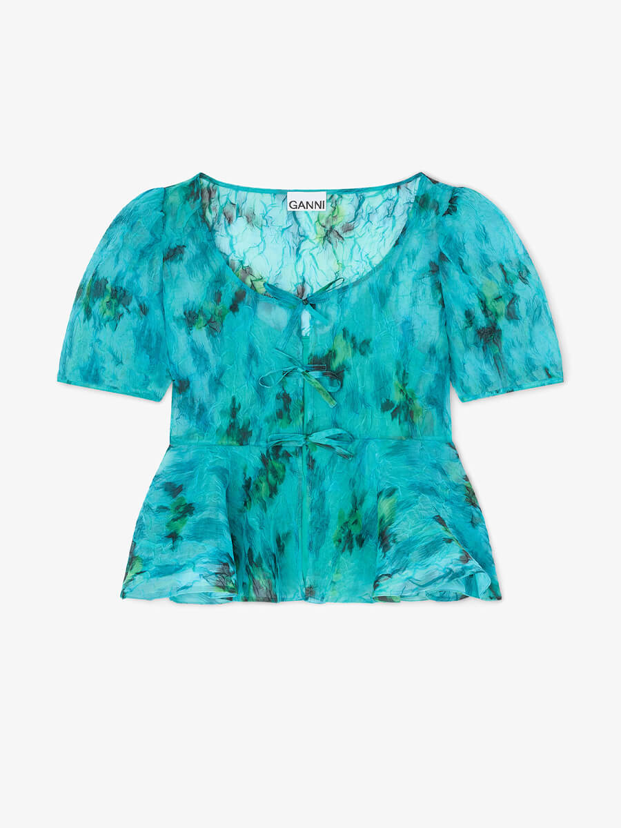 Ganii
Printed Shibori Organza Peplum Blouse - Baltic