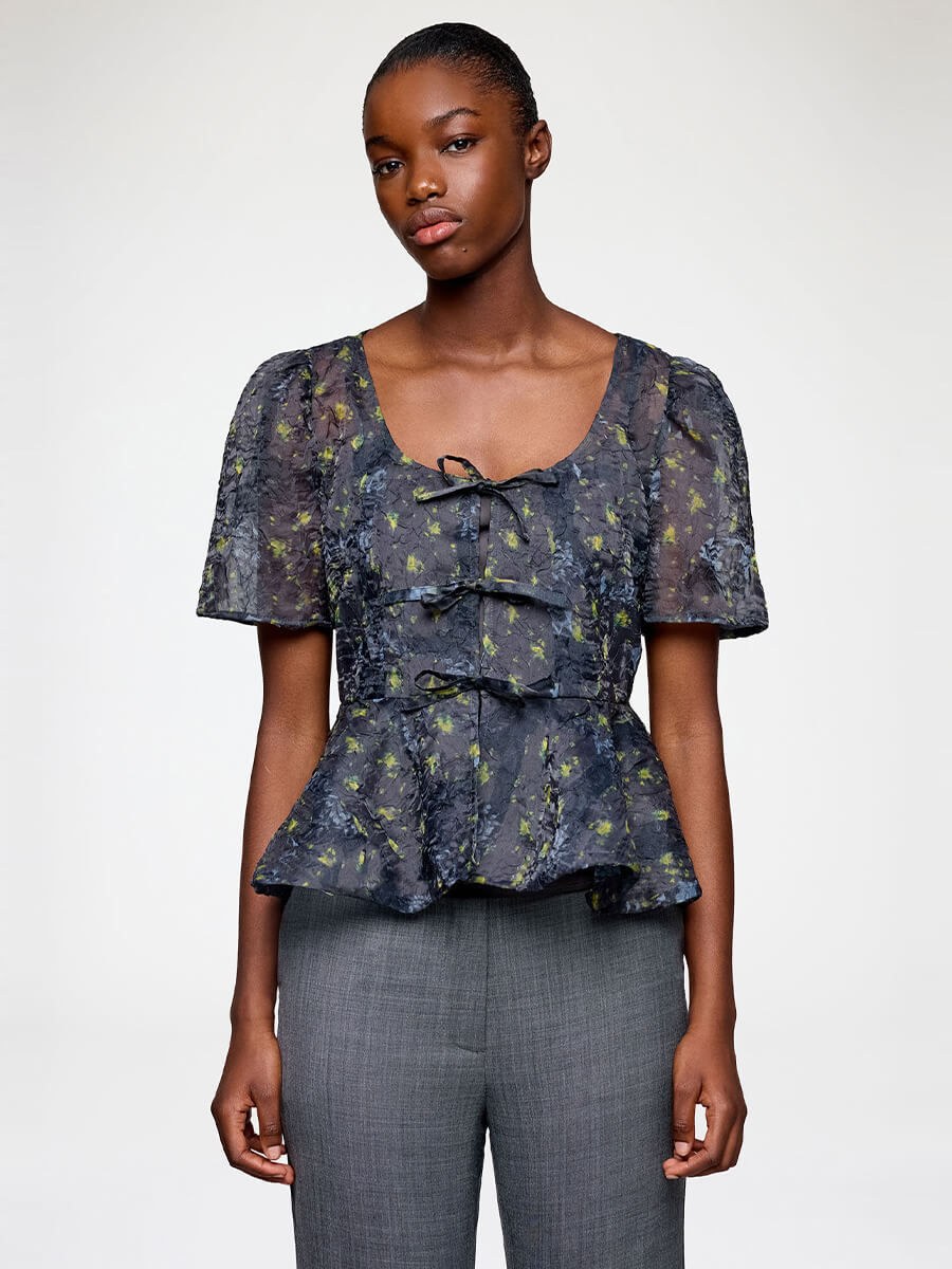 Ganni 
Printed Shibori Organza Peplum Blouse - Black Sand