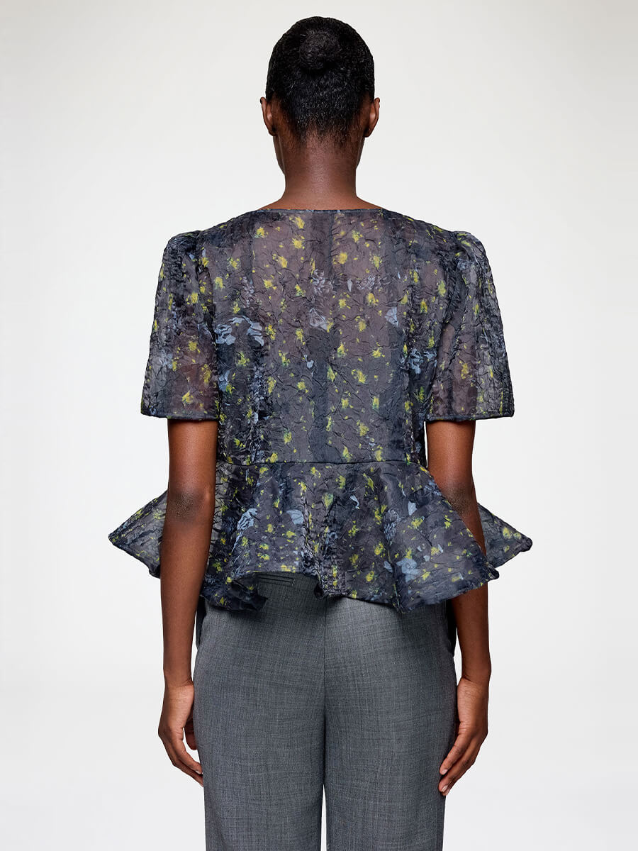 Ganni 
Printed Shibori Organza Peplum Blouse - Black Sand