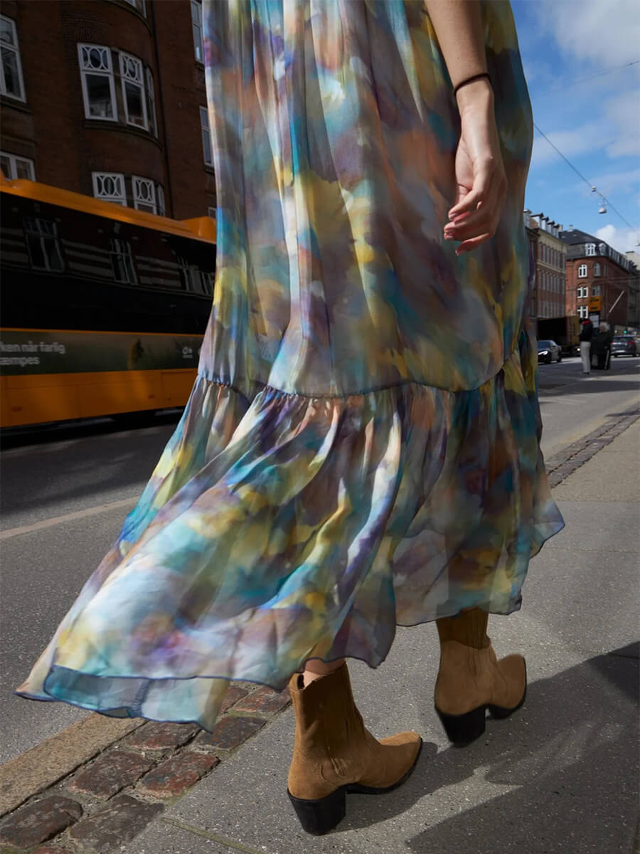 Project-AJ117-Eve-Dress - Multicoloured tie dye printed midi dress with frill neck and peplum hem