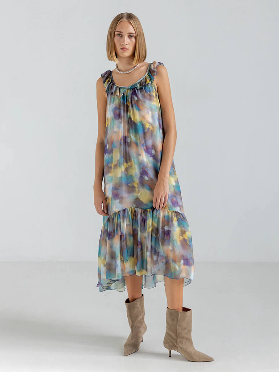 Project-AJ117-Eve-Dress - Multicoloured tie dye printed midi dress with frill neck and peplum hem