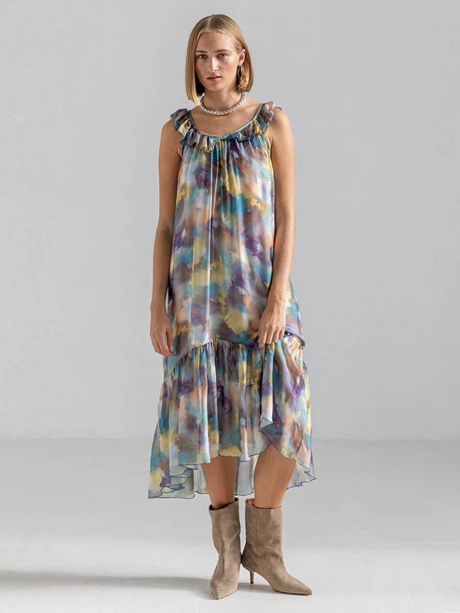 Project-AJ117-Eve-Dress - Multicoloured tie dye printed midi dress with frill neck and peplum hem