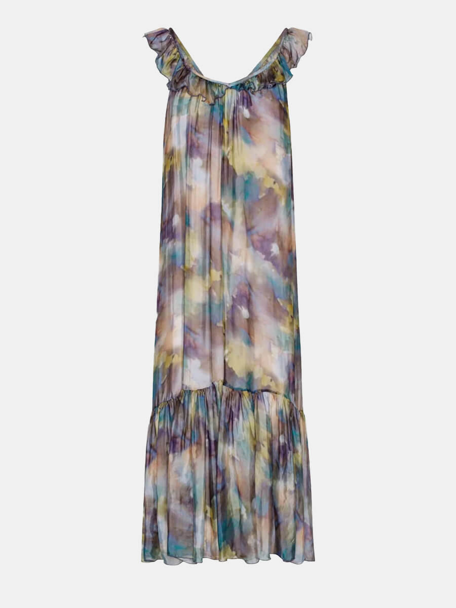 Project-AJ117-Eve-Dress - Multicoloured tie dye printed midi dress with frill neck and peplum hem