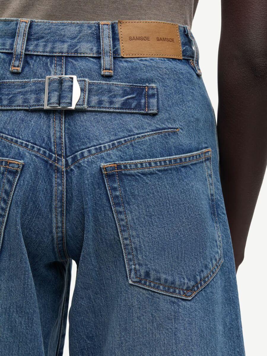 Samsoe Samsoe - Saharpo Jeans - Sephia Blue close up of back strap with adjustable buckle and back darts