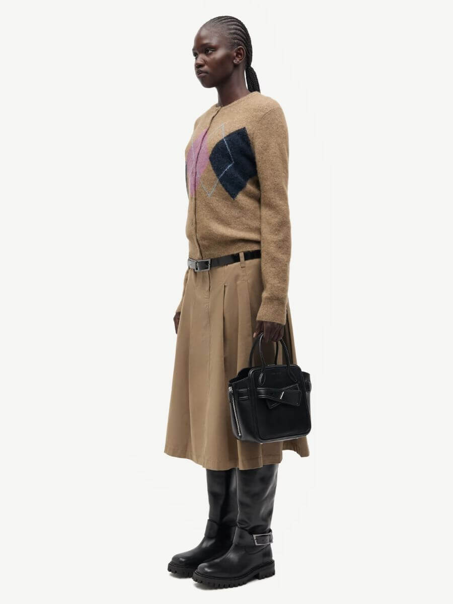Samsoe Samsoe - Sanor Short Cardigan - Lead Grey styled with camel pleated midi skirt with black leather boots, belt and chunky boots