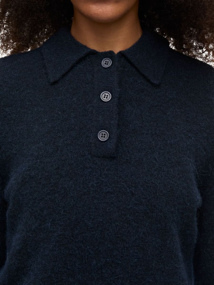 Samsoe Samsoe - Sanoura LS Polo - Salute close up of 3 button opening and soft, fuzzy knit texture