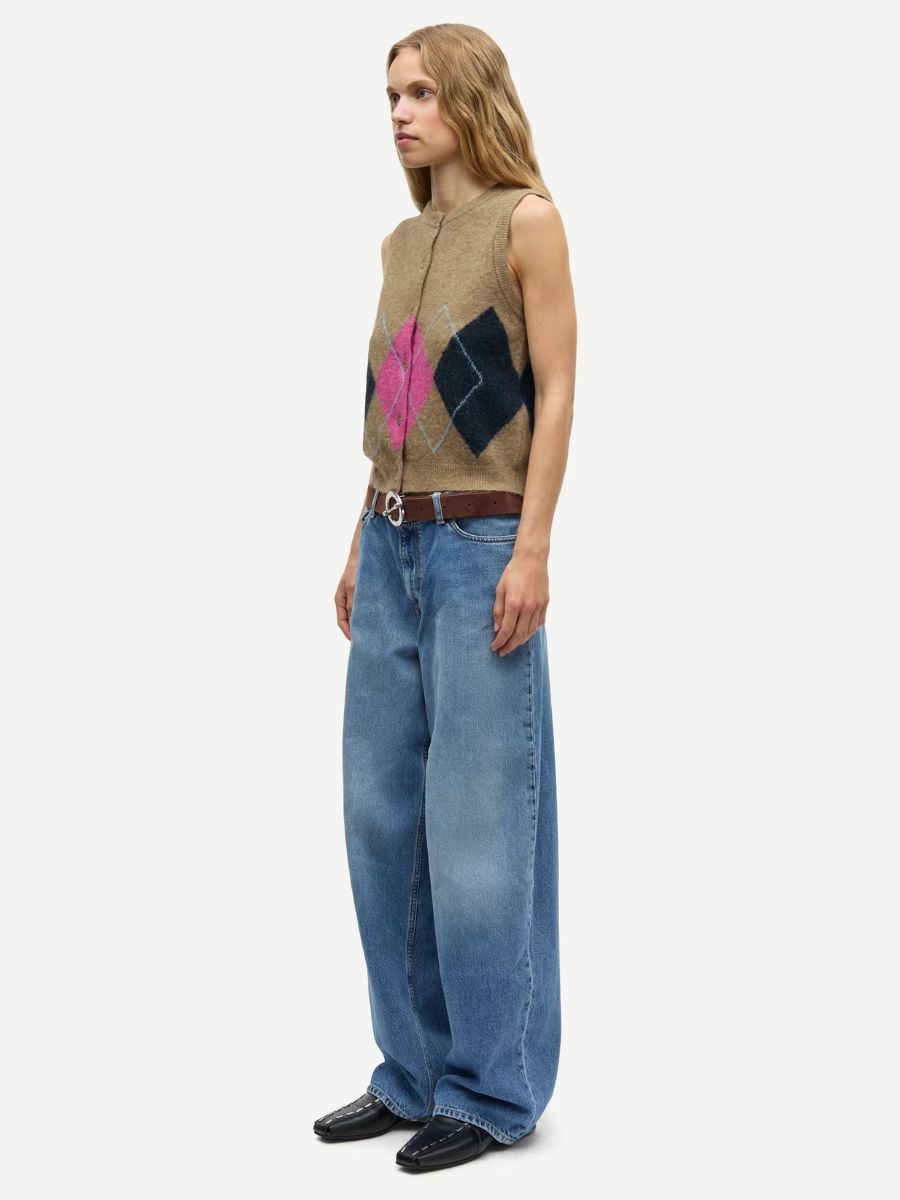 Samsoe Samsoe - Sanoura Vest - Lead Grey styled with mid-wash blue long leg  baggy jeans, brown leather belt and black leather flats