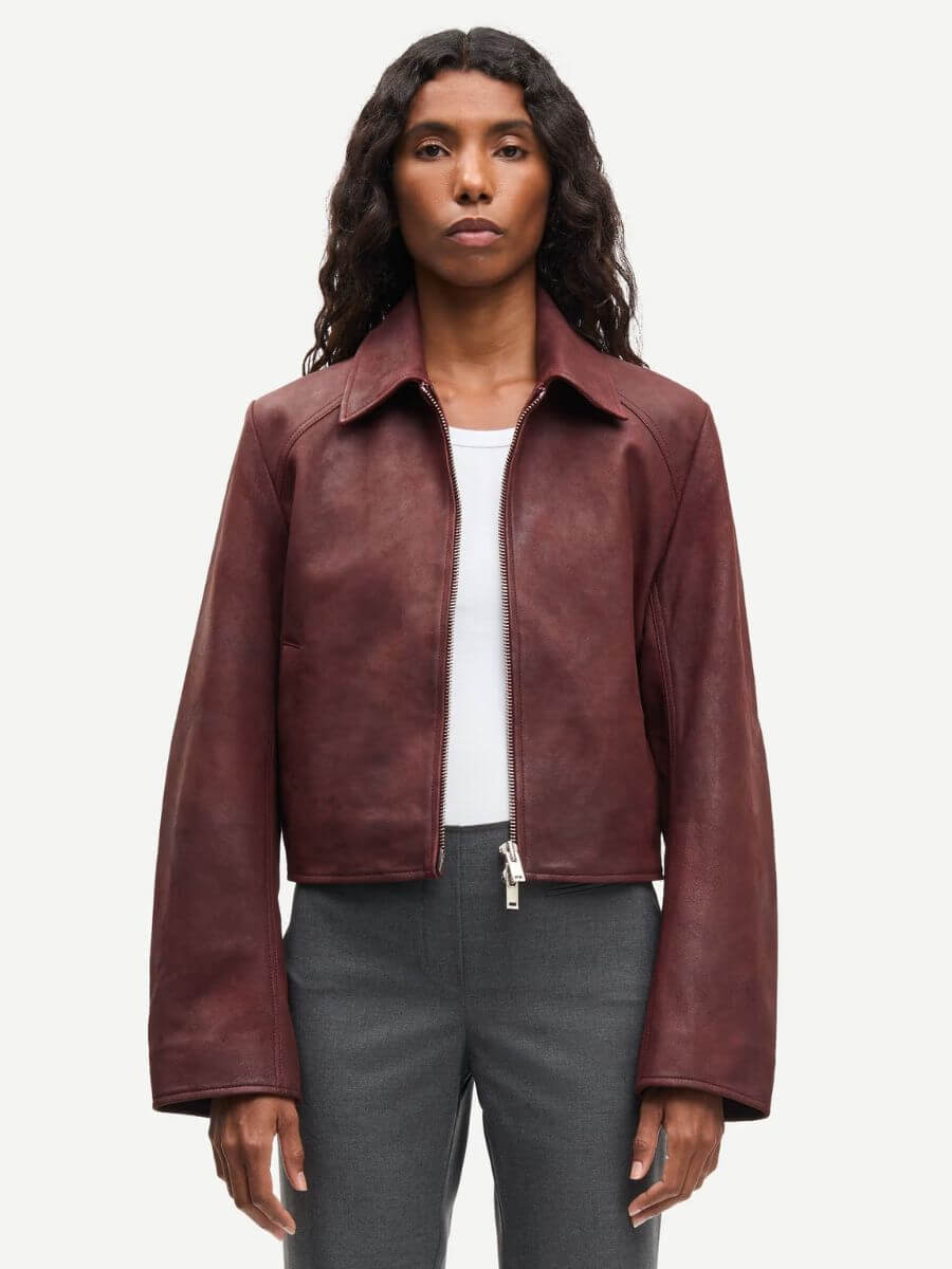 Samsoe Samsoe - Sashiva Leather Jacket - Fudge styled with white tee and charcoal tailored trousers