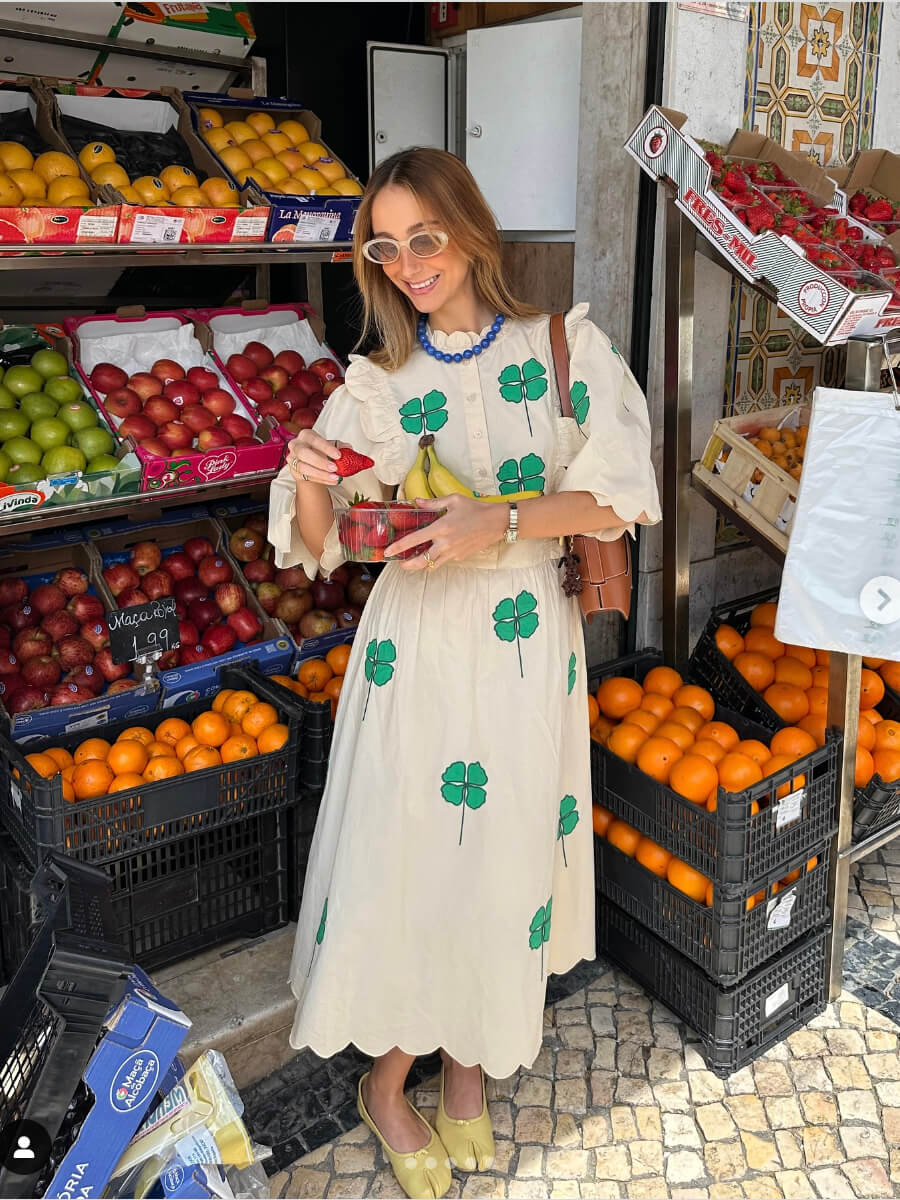 Embroidered Midi Dress with Scallops - Green/Creme