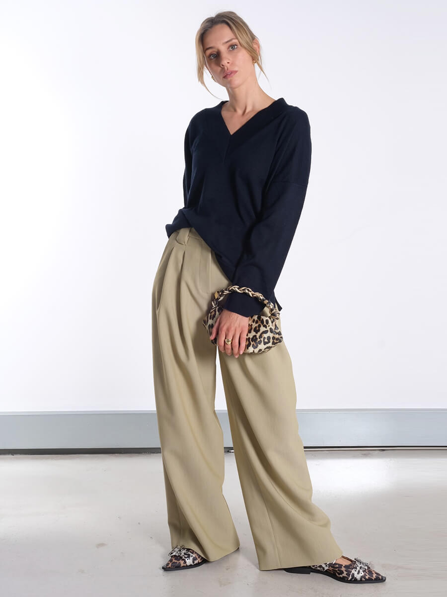 Beige Twill Suiting Mid Waist Trousers