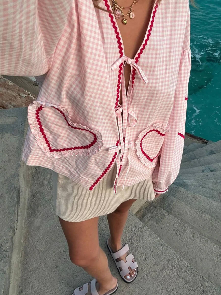 Sissel-Edelbo-Astrid-Organic-Cotton-Top - Gingham tie front blouse with ric rac detailing and heart shape patch pockets