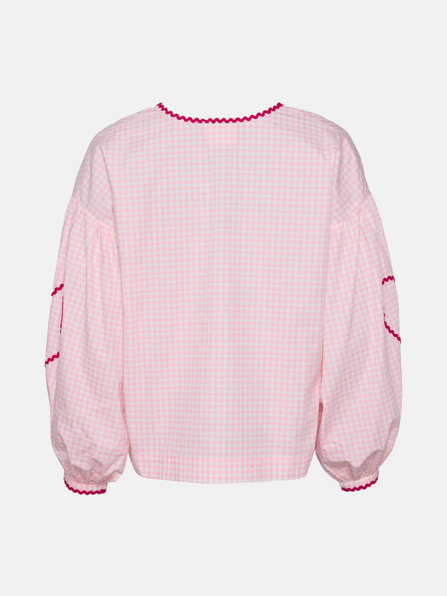 Sissel-Edelbo-Astrid-Organic-Cotton-Top - Gingham tie front blouse with ric rac detailing and heart shape patch pockets