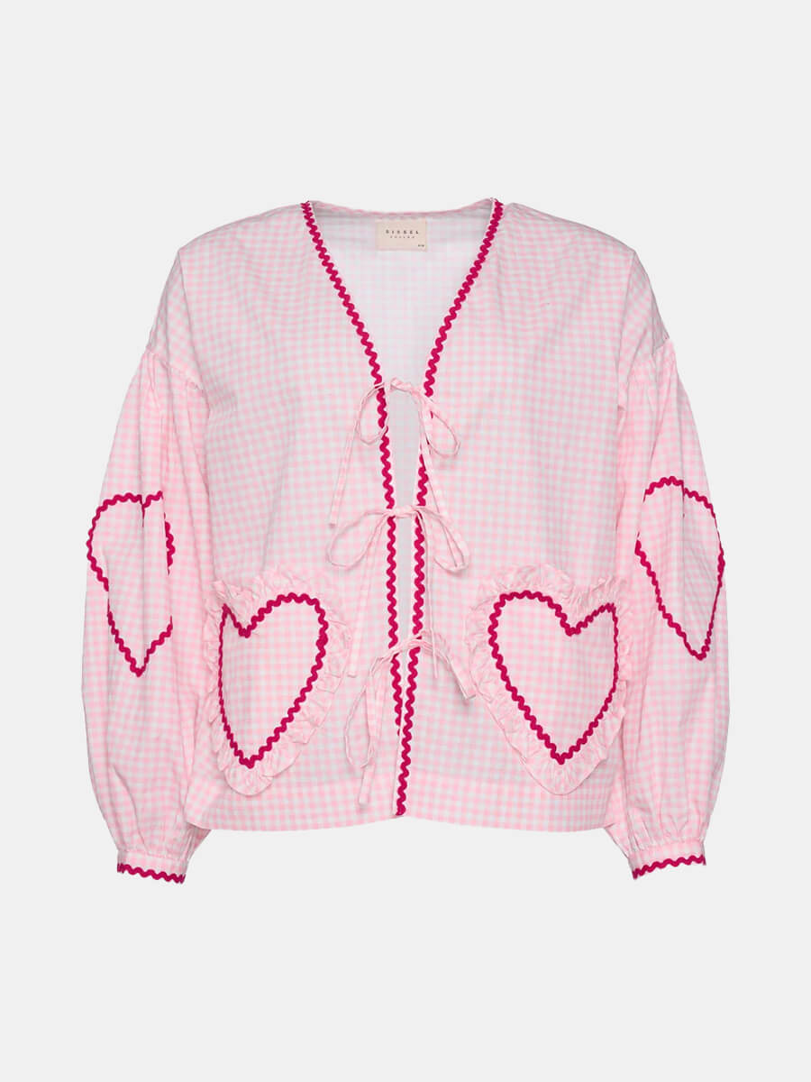 Sissel-Edelbo-Astrid-Organic-Cotton-Top - Gingham tie front blouse with ric rac detailing and heart shape patch pockets