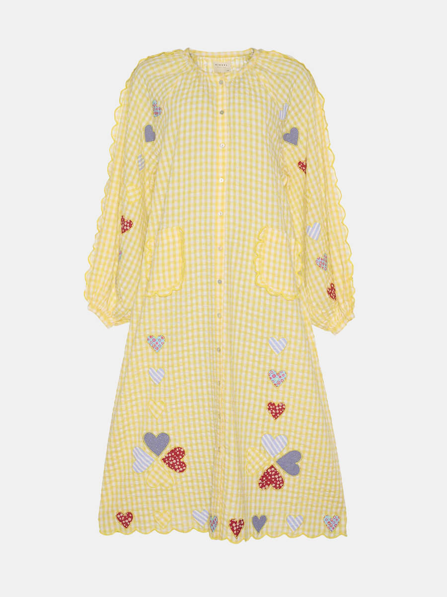 Sissel-Edelbo-Kamal-Organic-Cotton-Dress - Seersucker gingham print maxi dress with applique hearts and patch pockets