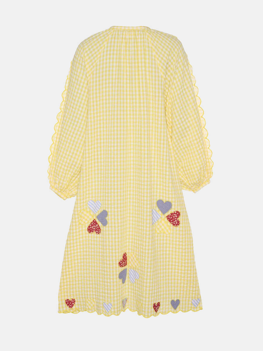 Sissel-Edelbo-Kamal-Organic-Cotton-Dress - Seersucker gingham print maxi dress with applique hearts and patch pockets