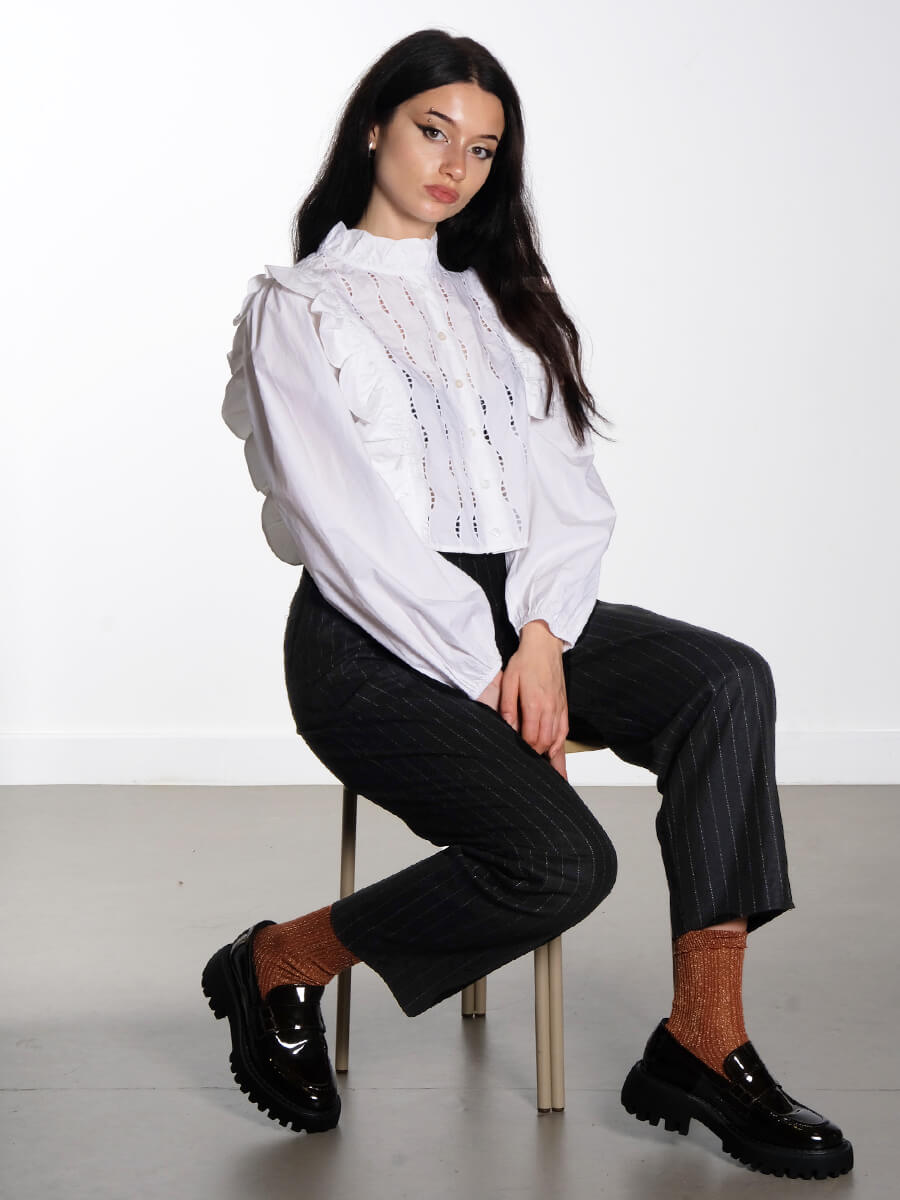 Blouse with Scallops and Embroidery - White