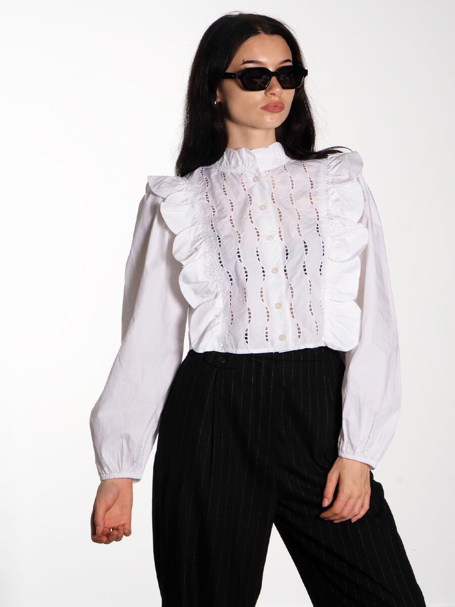 Blouse with Scallops and Embroidery - White