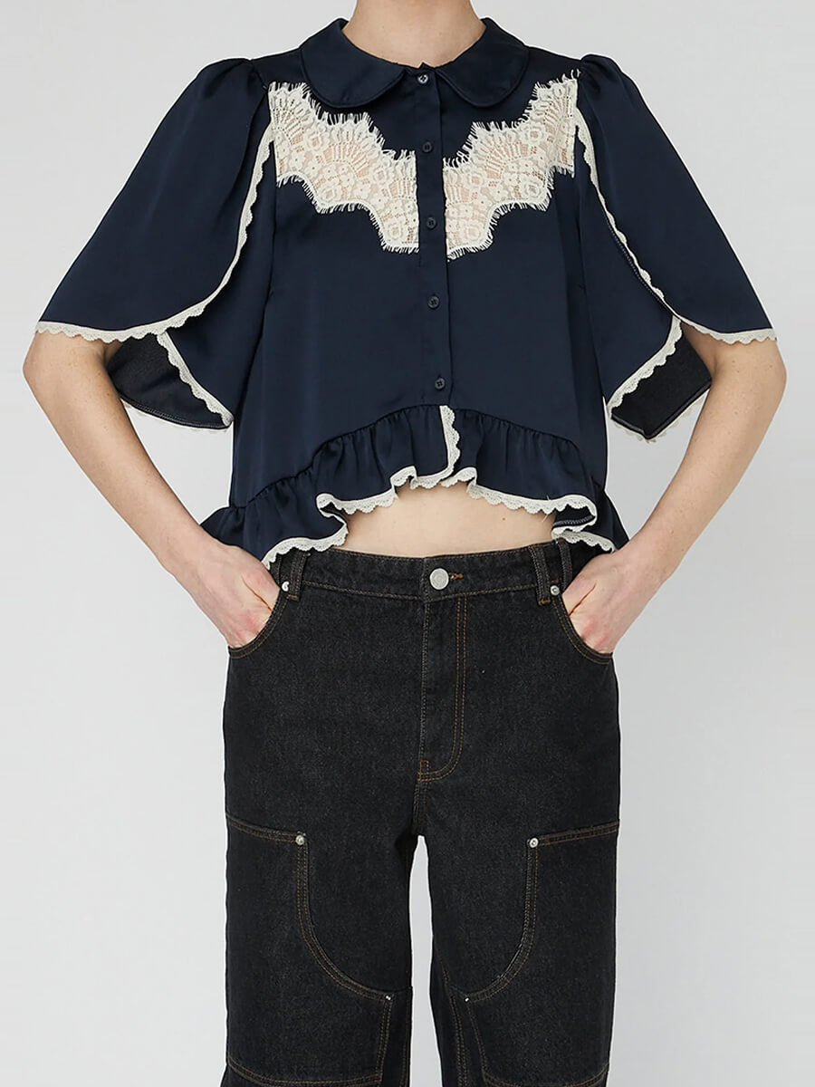 Stella Nova Delicate Lace Shirt - Navy/Creme