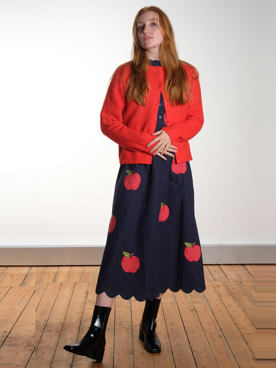 Embroidered Cotton Midi Dress - Navy