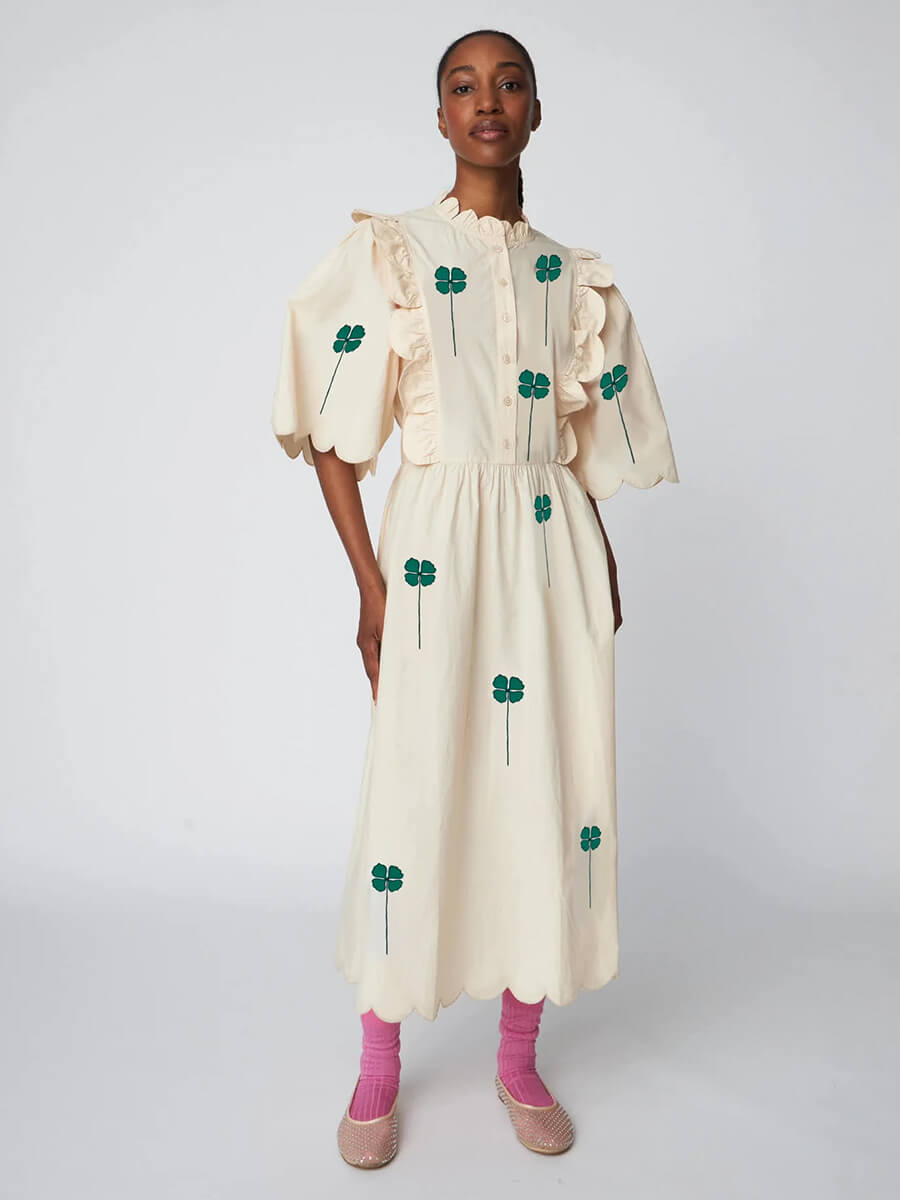 Stella Nova Embroidered Midi dress with Scallops - Green/Creme