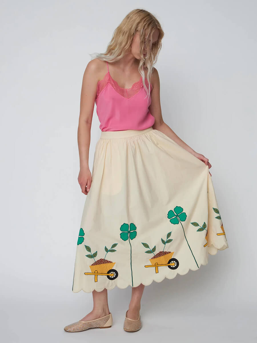 Stella Nova, Embroidered Midi Skirt with Scallops - Ivory 