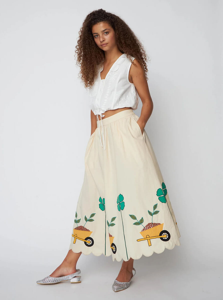 Stella Nova, Embroidered Midi Skirt with Scallops - Ivory 