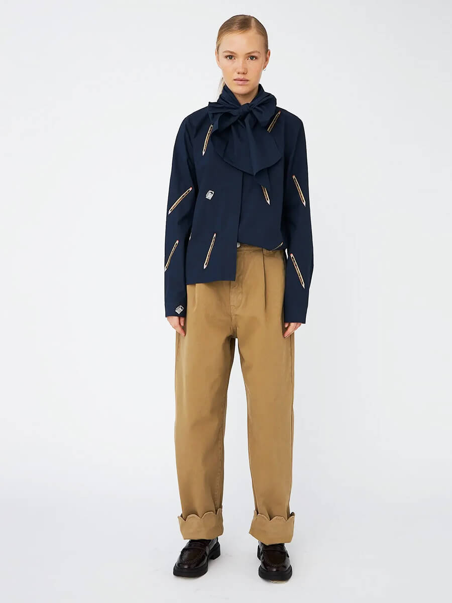 Stella Nova - Embroidered Cotton Bow Shirt - Navy