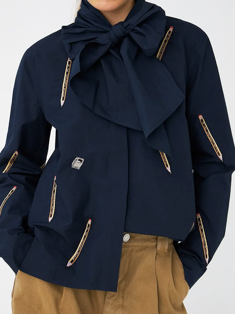 Stella Nova - Embroidered Cotton Bow Shirt - Navy