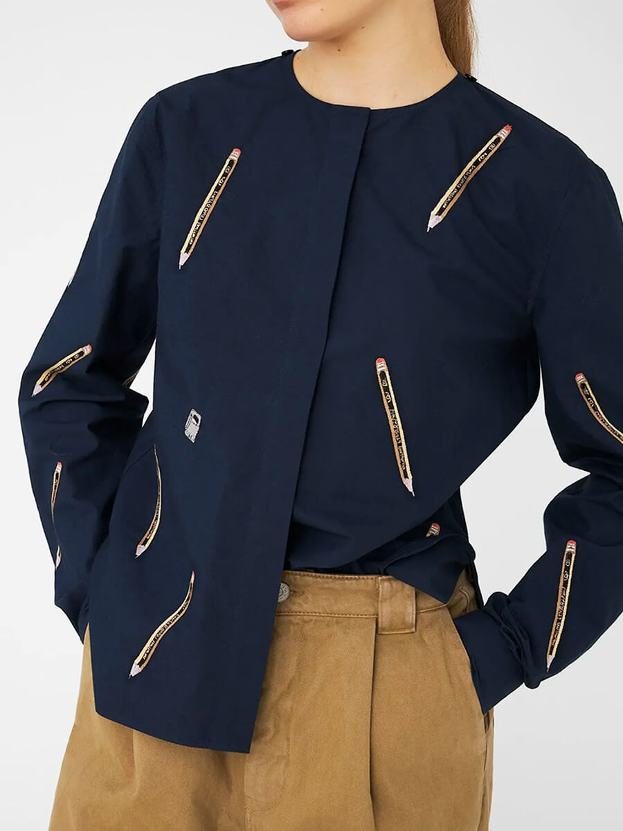 Stella Nova - Embroidered Cotton Bow Shirt - Navy