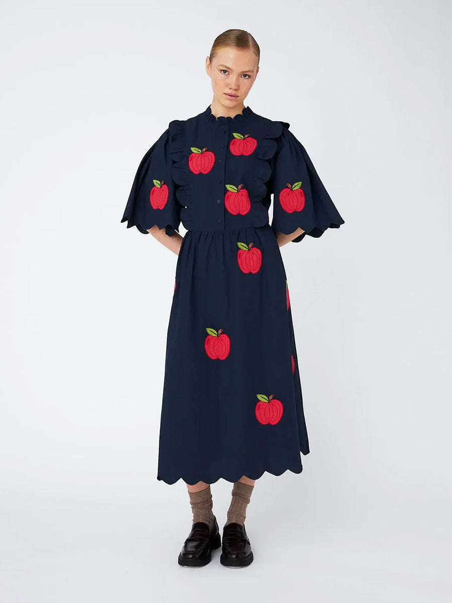 Embroidered Cotton Midi Dress - Navy