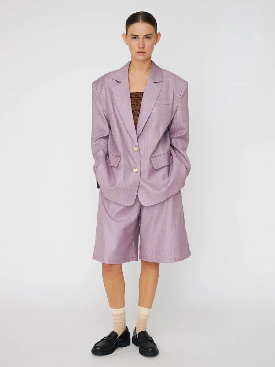 Stella Nova - Striped Oversized Blazer - Light Purple styled with tailored shorts, black loafers and white ankle socks