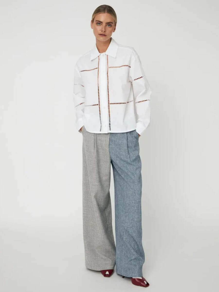 Stella Nova - Wide Shirt with Artworks - White with tailored trousers and burgundy peep toe heels
