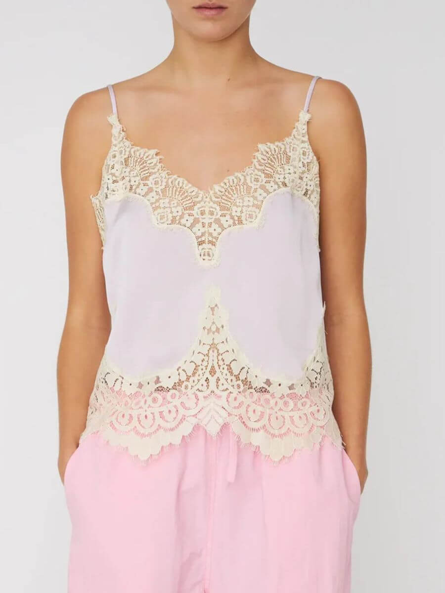 Stella Nova Delicate Lace Top - Light Purple styled with pink trousers