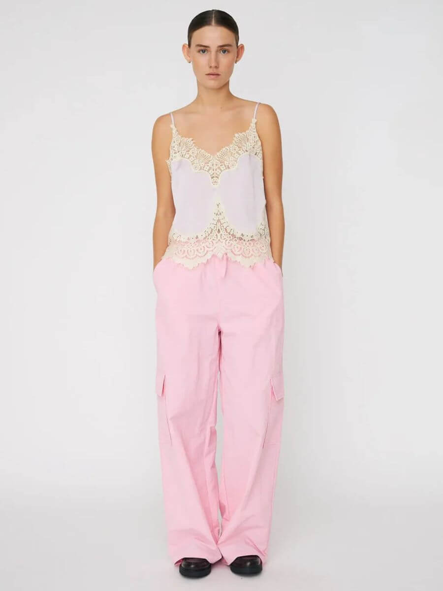 Stella Nova Delicate Lace Top - Light Purple styled with pink cargo trousers and black loafers