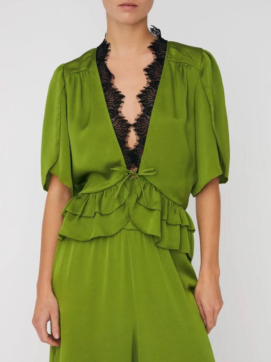 Stella Nova Tieband Blouse - olive green with black lace trim
