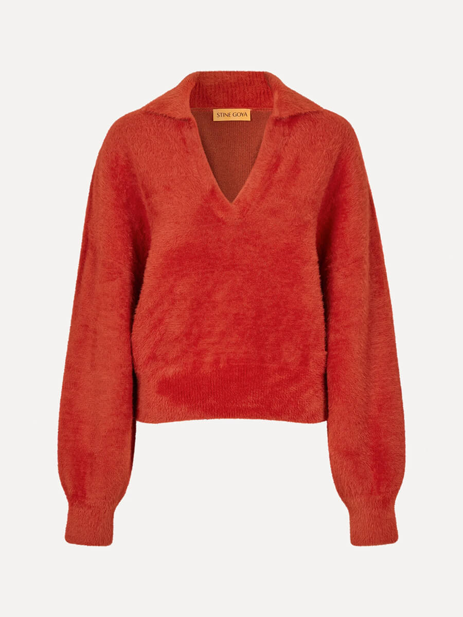 Stine-Goya-Long-Sleeve-V-Neckline-Collar-Jumper-Red-Ochre