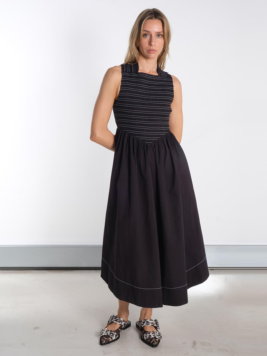 ganni-black-washed-stretch-cotton-smock-midi-dress