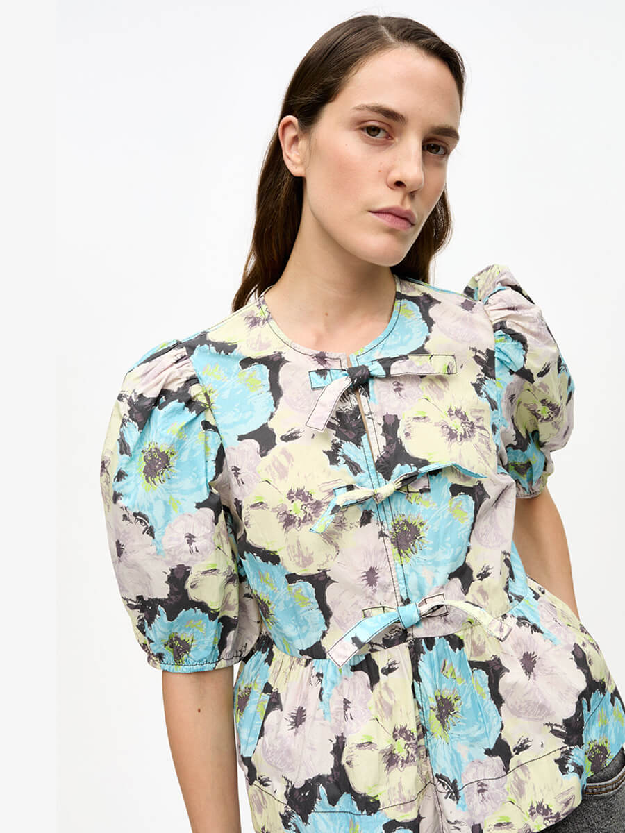 ganni Floral Printed Cotton Peplum Blouse 