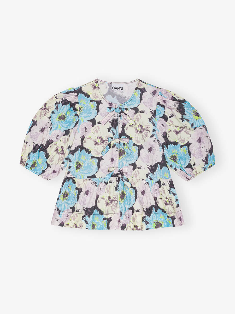 ganni Floral Printed Cotton Peplum Blouse 