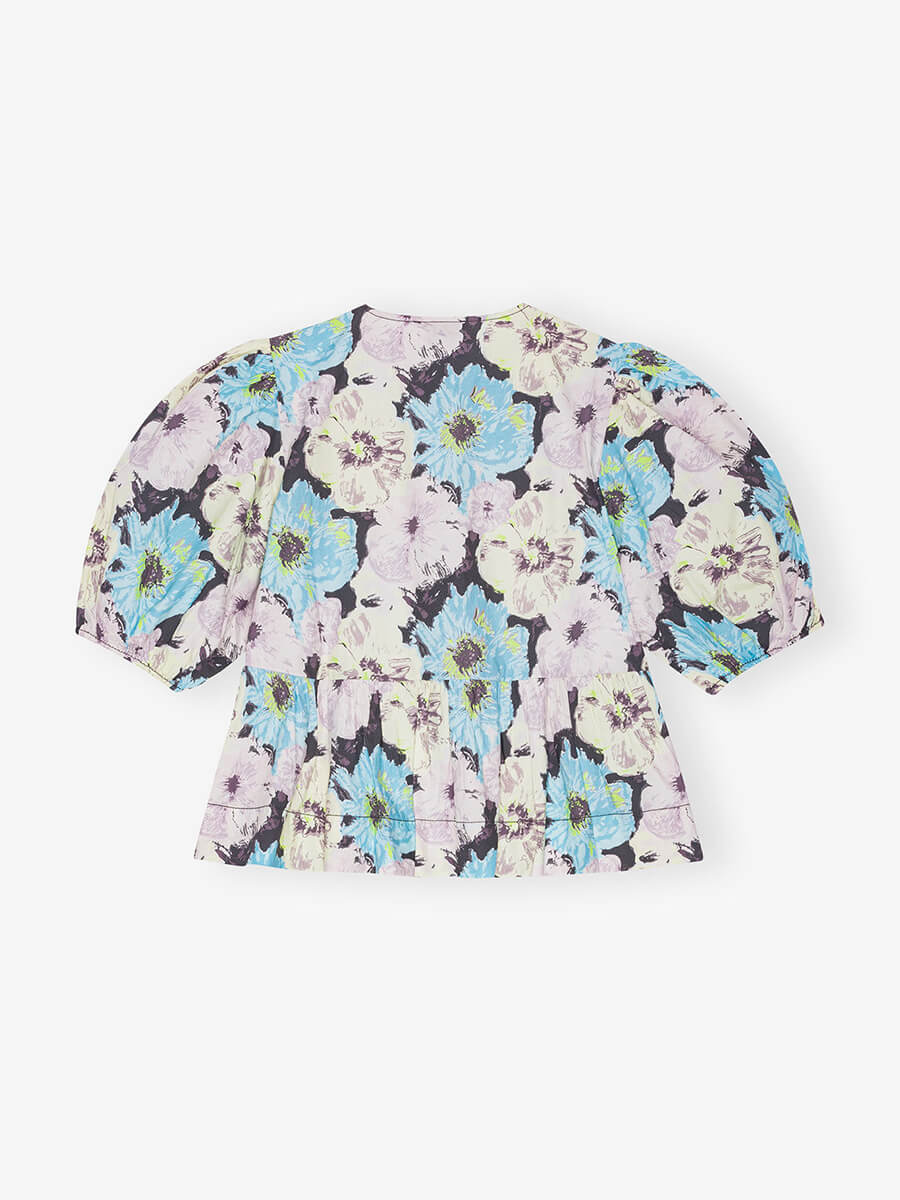 ganni Floral Printed Cotton Peplum Blouse 