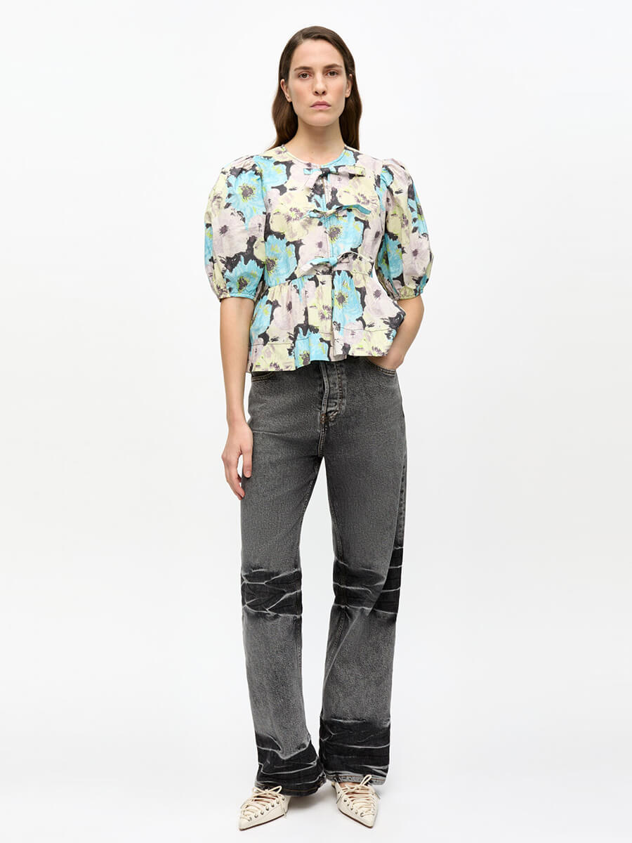 ganni Floral Printed Cotton Peplum Blouse 