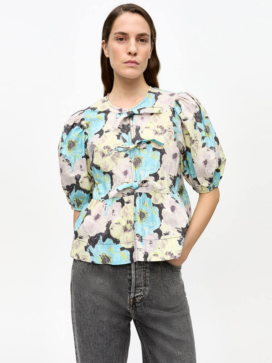 ganni Floral Printed Cotton Peplum Blouse 