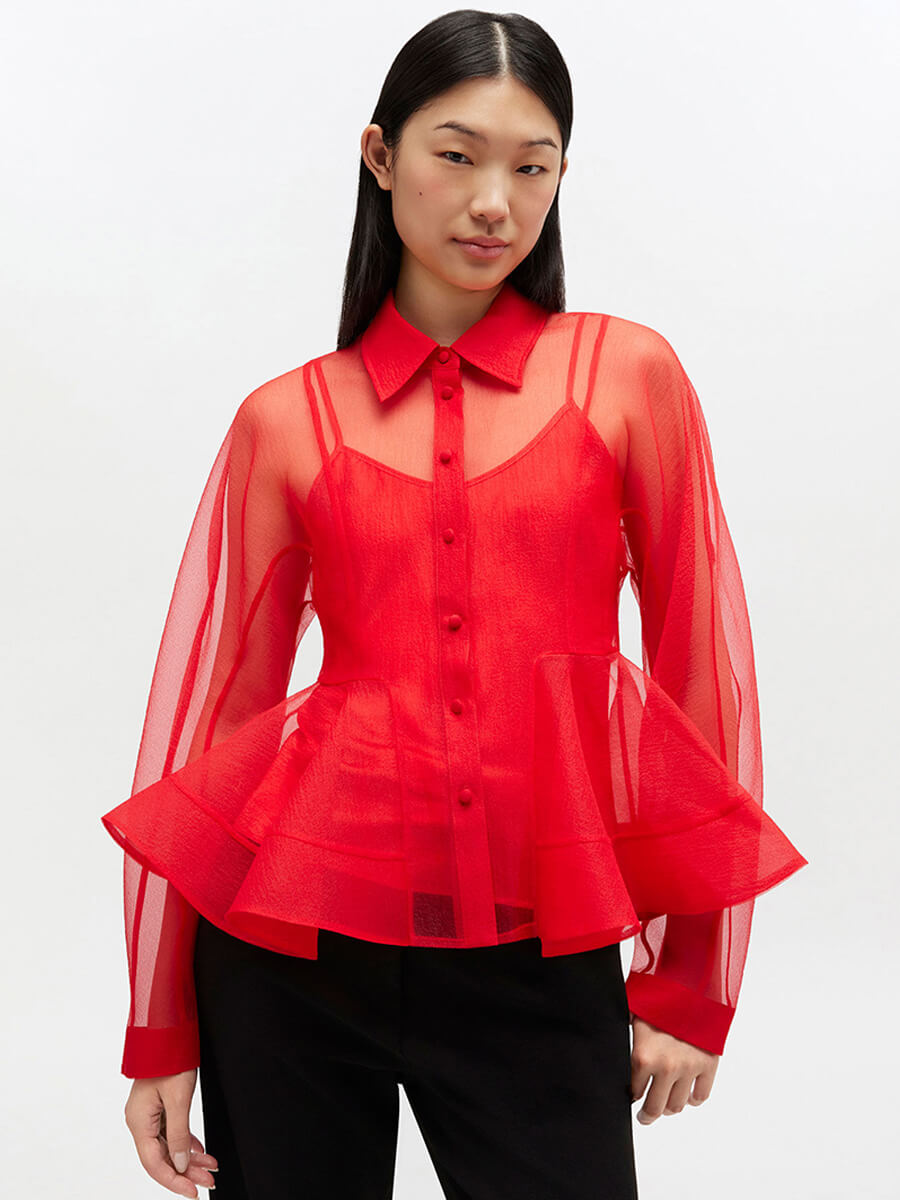 Ganni Red Organza Peplum Shirt