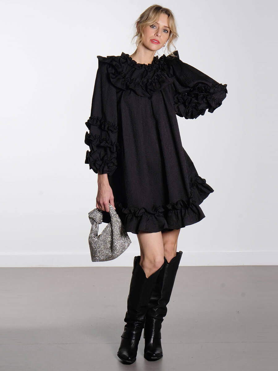 stella nova Light Weight Mini Frill Dress - Black SUI AVA Silvermoon Crystal Bag - Clear Crystal